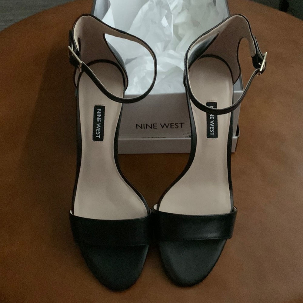 New 9 West Black strappy kitten heels.